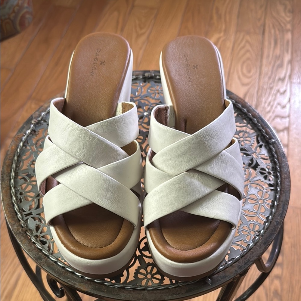 Caslon White and Brown Mules with Criss-Cross Straps